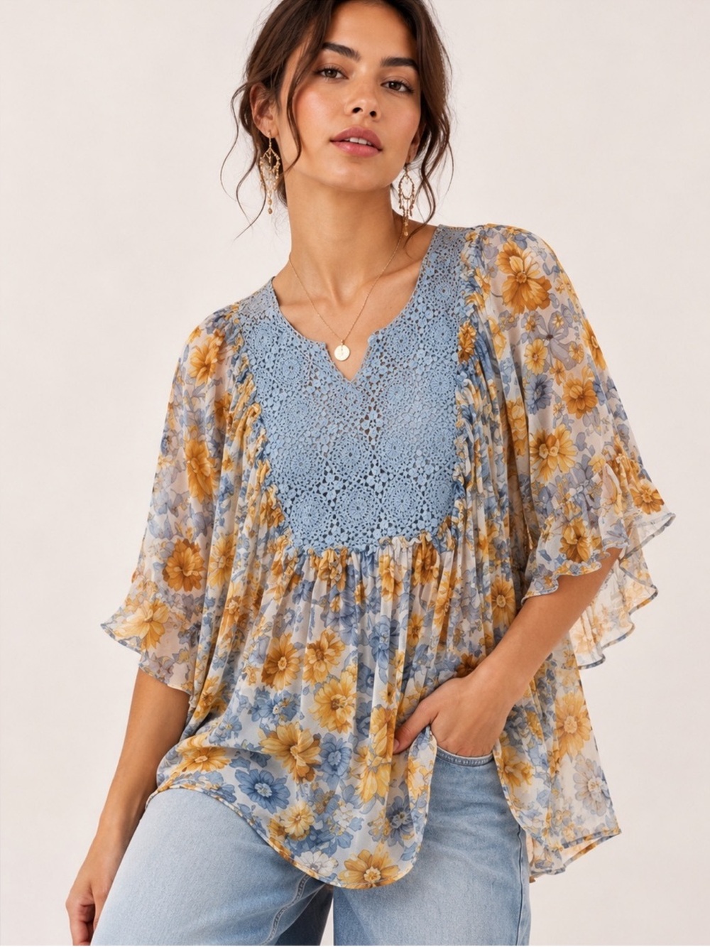 Anthropologie Blue Tassel Silk Blue Floral Top With Matching Cami